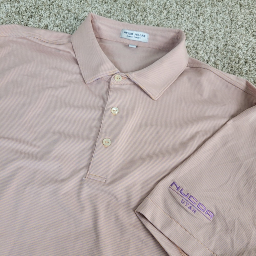 Peter Millar Summer‎ Comfort Mens Large Orange Gray Striped Performance Polo